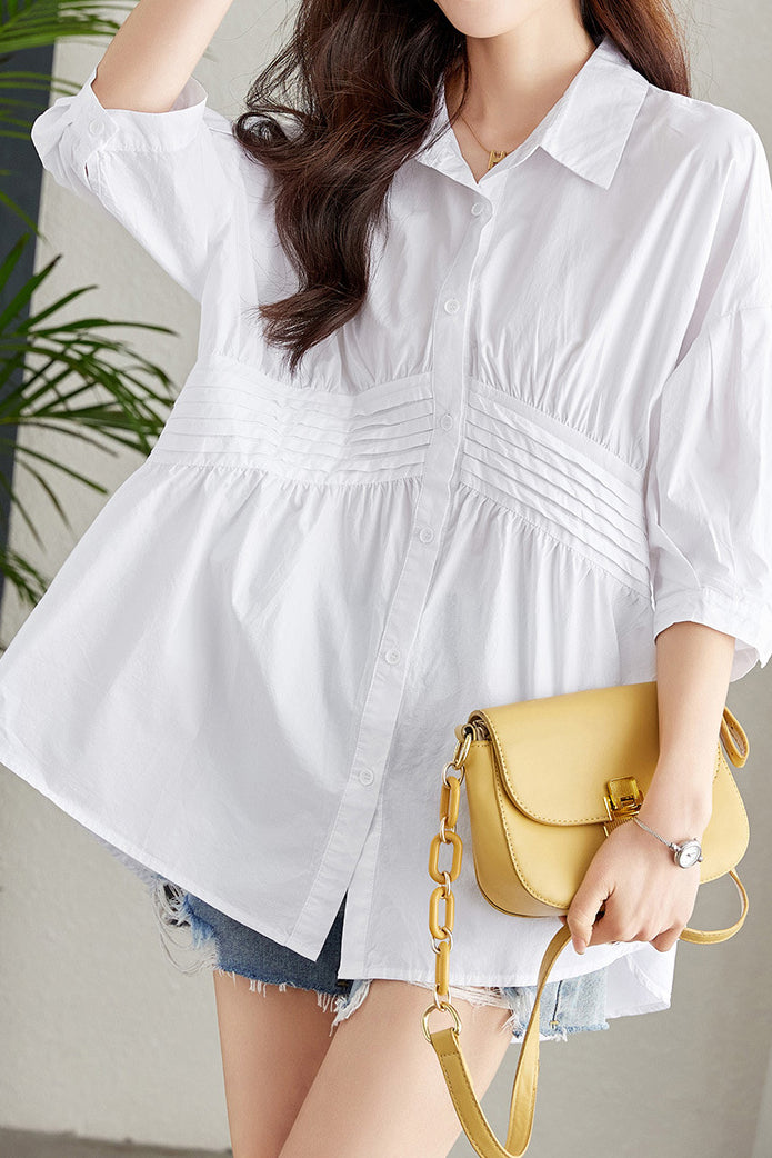 Waist-Defined Medium Sleeve Shirt - liwisi