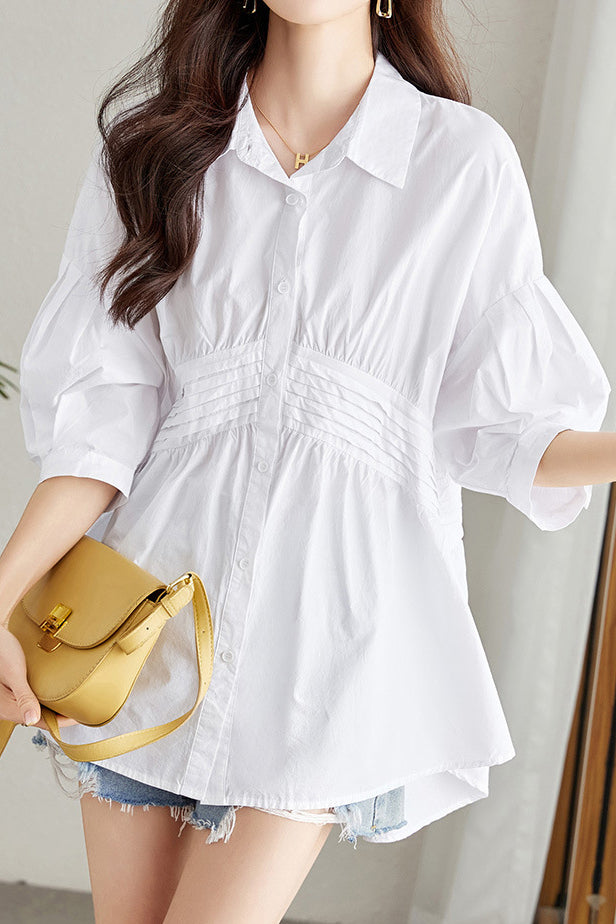 Waist-Defined Medium Sleeve Shirt - liwisi