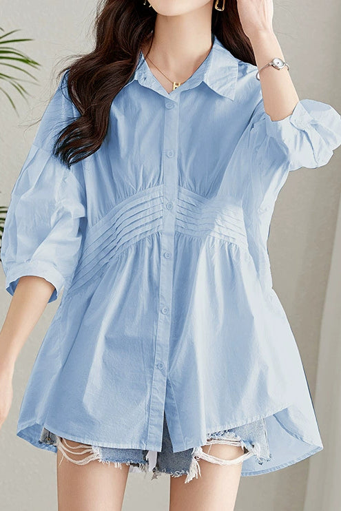 Waist-Defined Medium Sleeve Shirt - liwisi