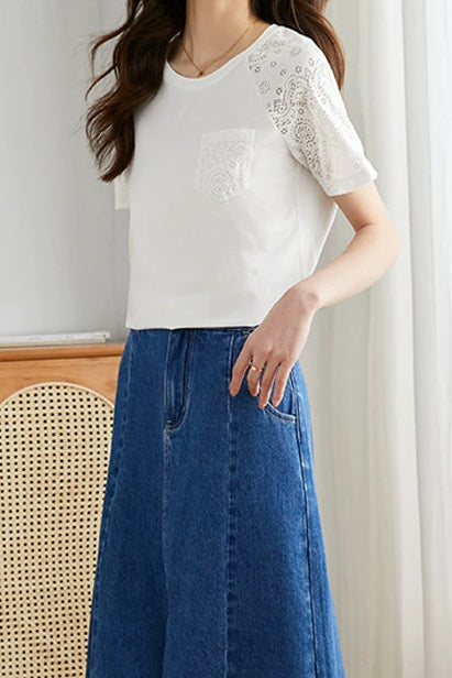 Round Neck Loose Fit Color Block Lace Raglan Short Sleeve - liwisi