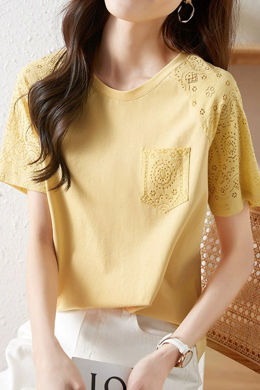 Round Neck Loose Fit Color Block Lace Raglan Short Sleeve - liwisi