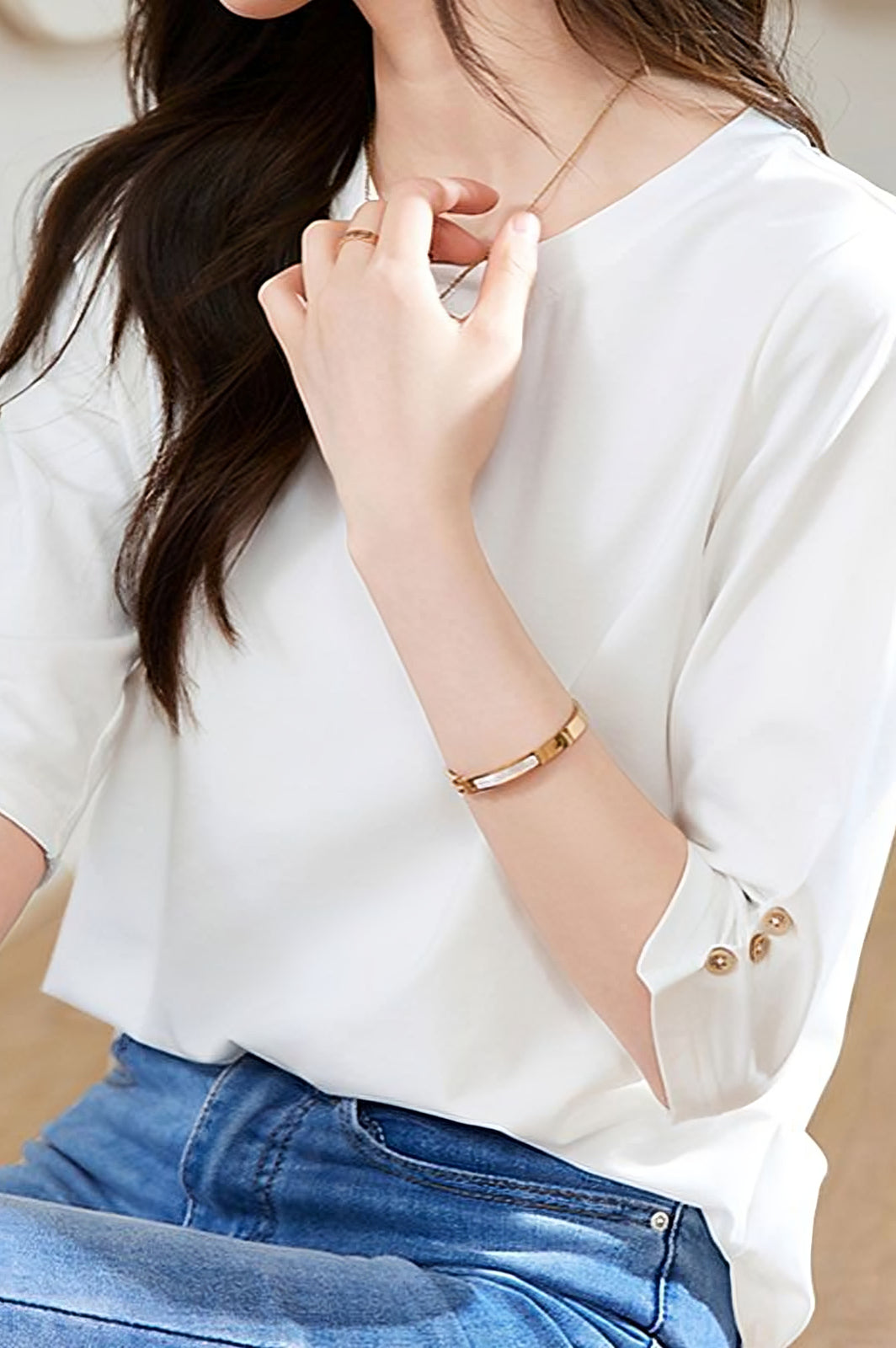 Minimalist Round Neck Three-Quarter Sleeve T-Shirt - liwisi