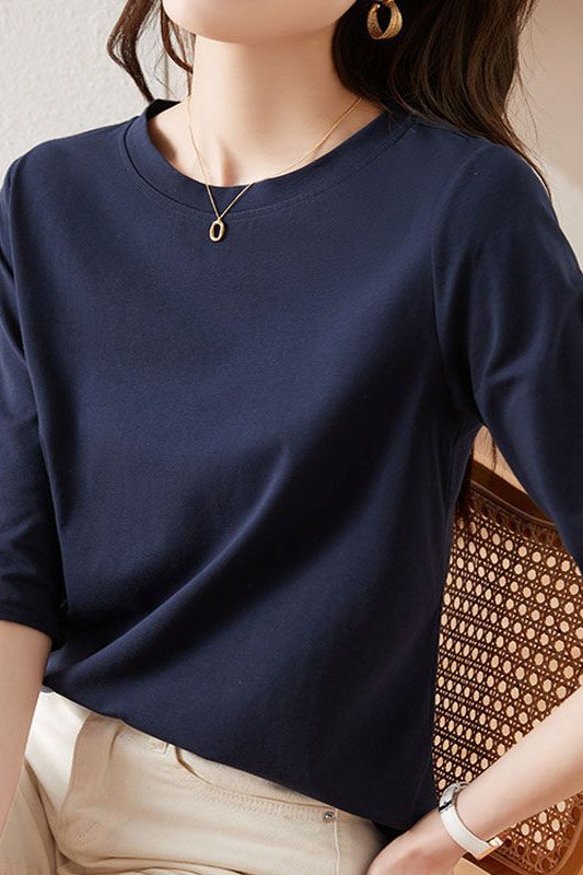 Minimalist Round Neck Three-Quarter Sleeve T-Shirt - liwisi