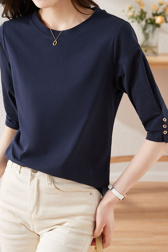 Minimalist Round Neck Three-Quarter Sleeve T-Shirt - liwisi