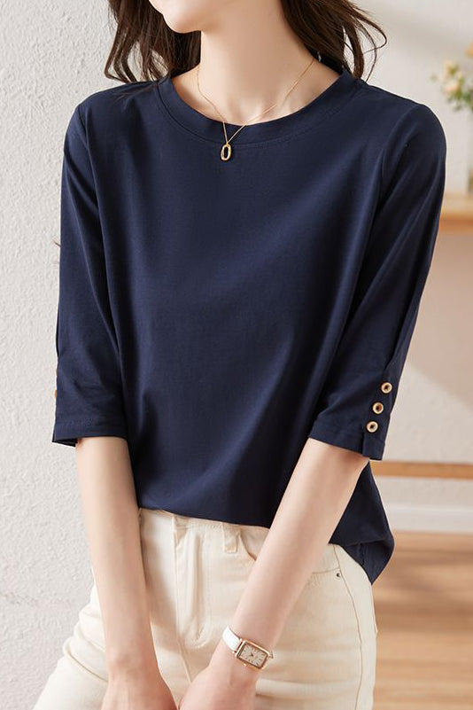 Minimalist Round Neck Three-Quarter Sleeve T-Shirt - liwisi