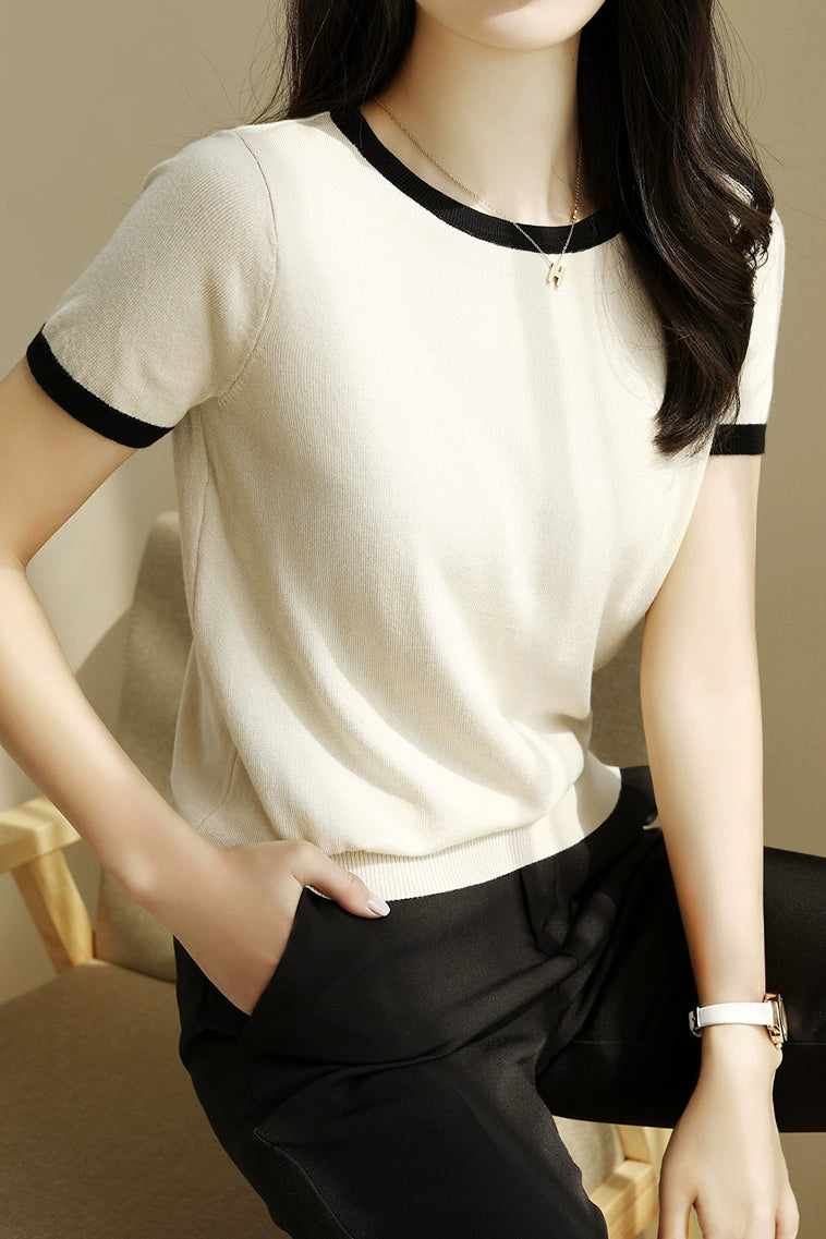 Minimalist Chic Color-Blocked Round Neck Short Sleeve - liwisi