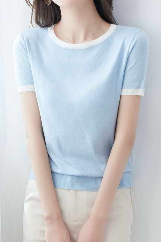 Minimalist Chic Color-Blocked Round Neck Short Sleeve - liwisi