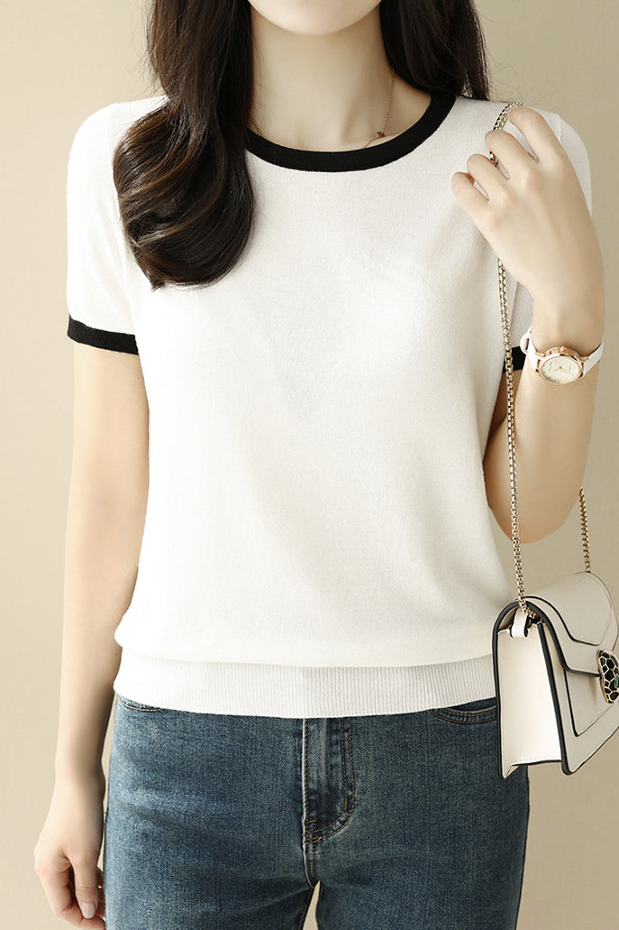 Minimalist Chic Color-Blocked Round Neck Short Sleeve - liwisi
