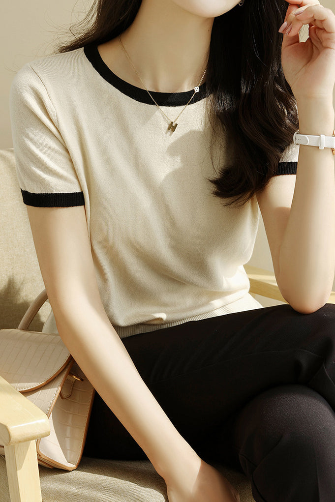 Minimalist Chic Color-Blocked Round Neck Short Sleeve - liwisi
