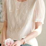 Round Neck Sheer Ethereal Embroidered Shirt - liwisi