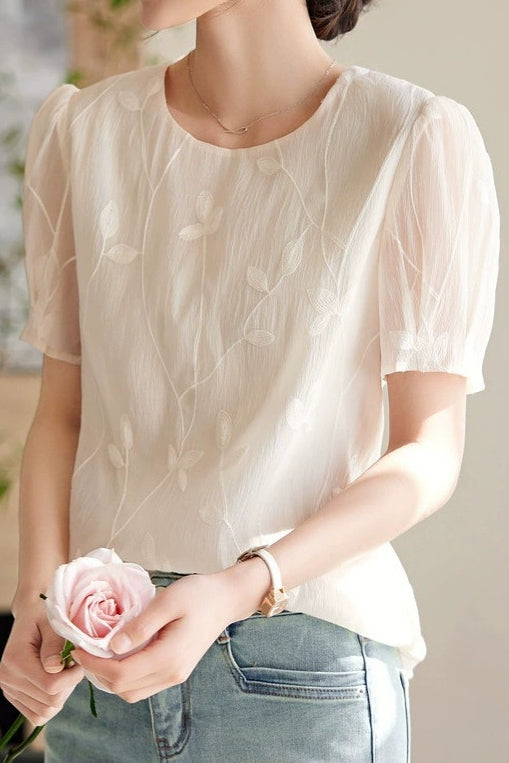 Round Neck Sheer Ethereal Embroidered Shirt - liwisi