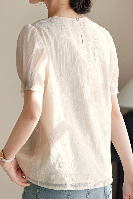 Round Neck Sheer Ethereal Embroidered Shirt - liwisi