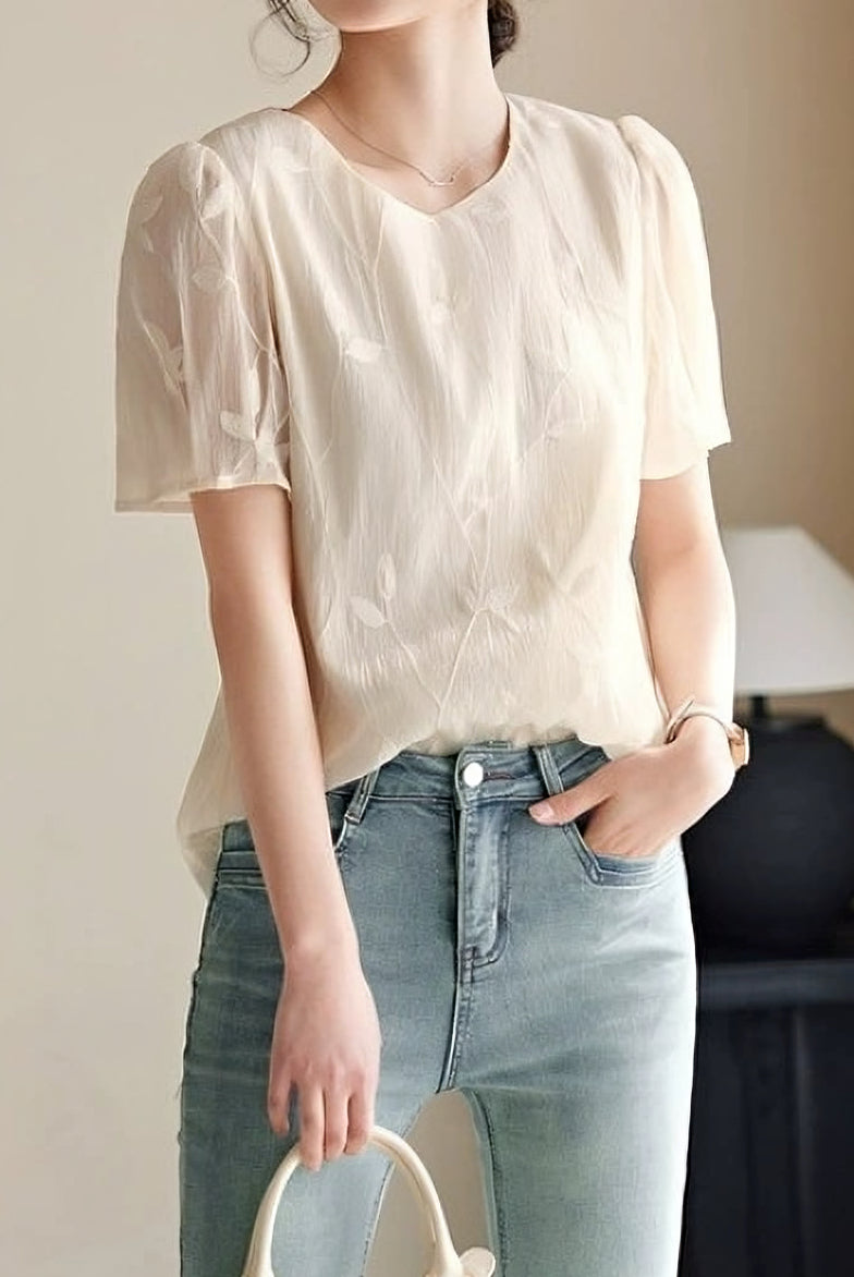 Round Neck Sheer Ethereal Embroidered Shirt - liwisi