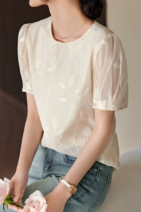 Round Neck Sheer Ethereal Embroidered Shirt - liwisi