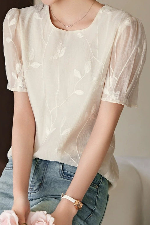 Round Neck Sheer Ethereal Embroidered Shirt - liwisi