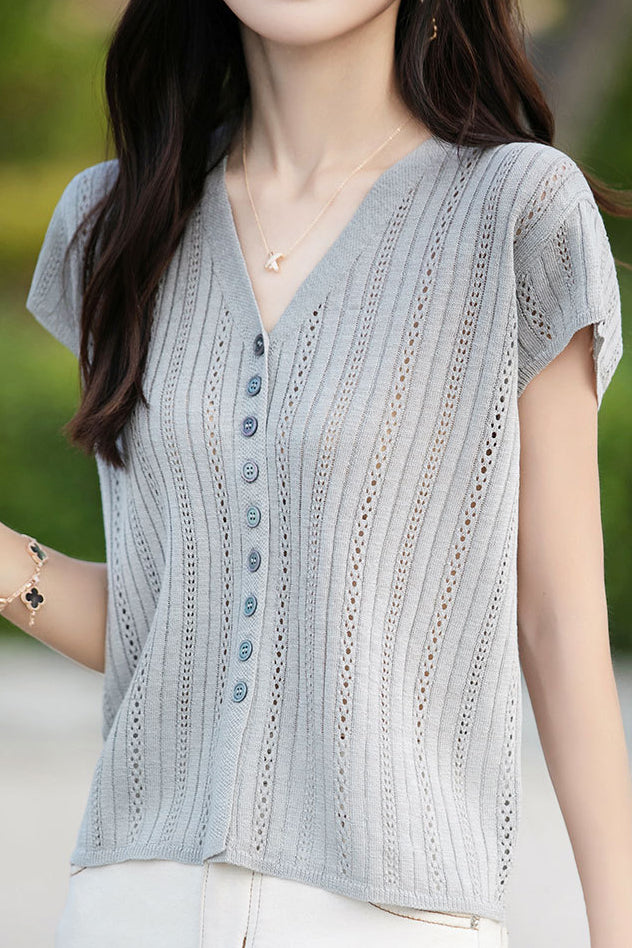 Hollow V-neck ribbed knit short sleeve - liwisi