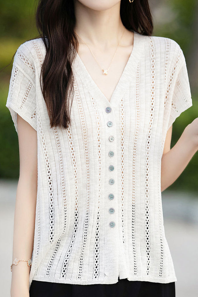 Hollow V-neck ribbed knit short sleeve - liwisi