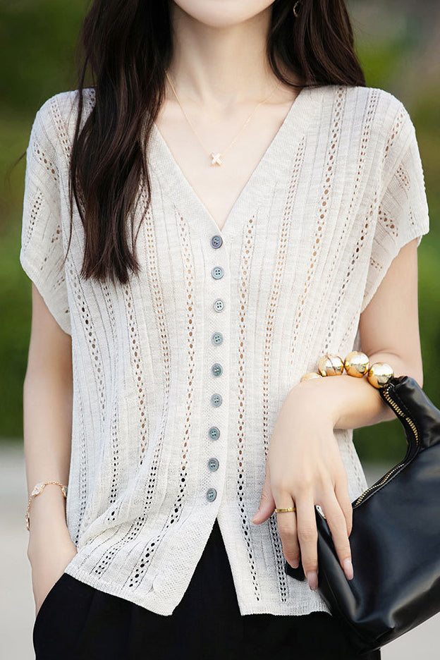 Hollow V-neck ribbed knit short sleeve - liwisi