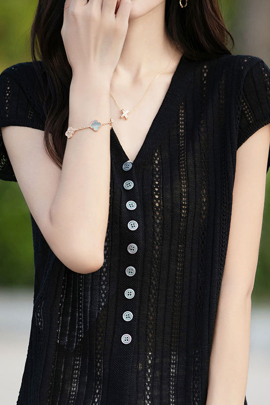 Hollow V-neck ribbed knit short sleeve - liwisi