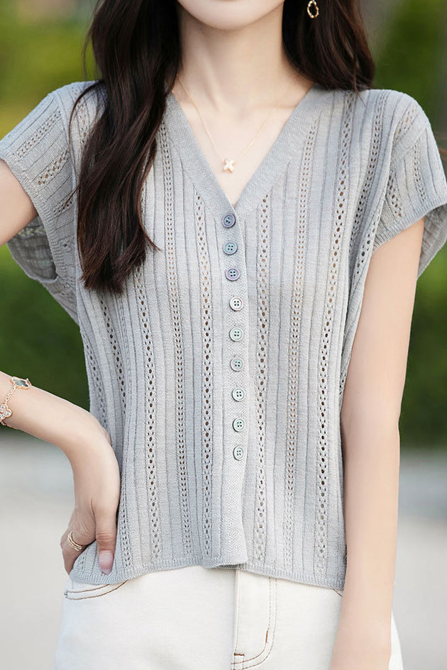 Hollow V-neck ribbed knit short sleeve - liwisi