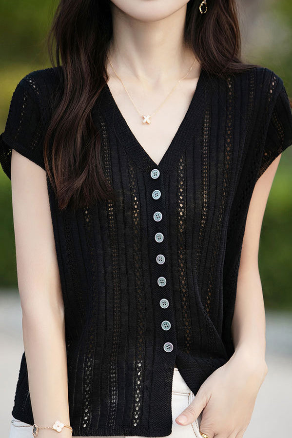 Hollow V-neck ribbed knit short sleeve - liwisi