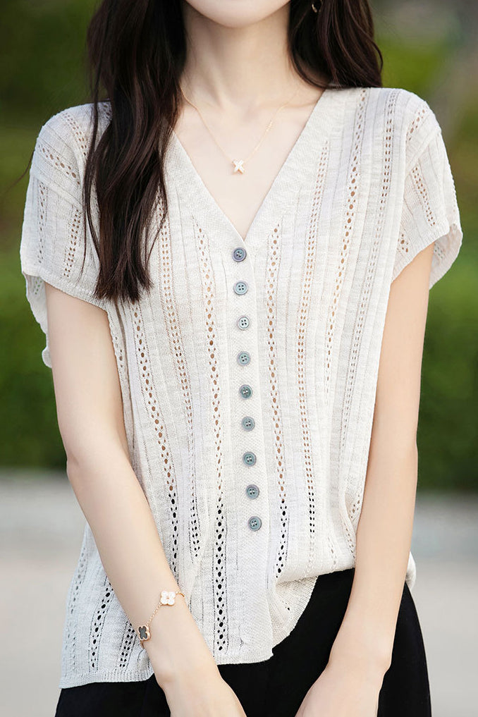 Hollow V-neck ribbed knit short sleeve - liwisi