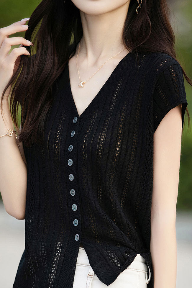 Hollow V-neck ribbed knit short sleeve - liwisi