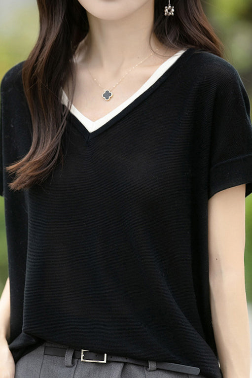 Color-block design knit short sleeve casual T-shirt - liwisi