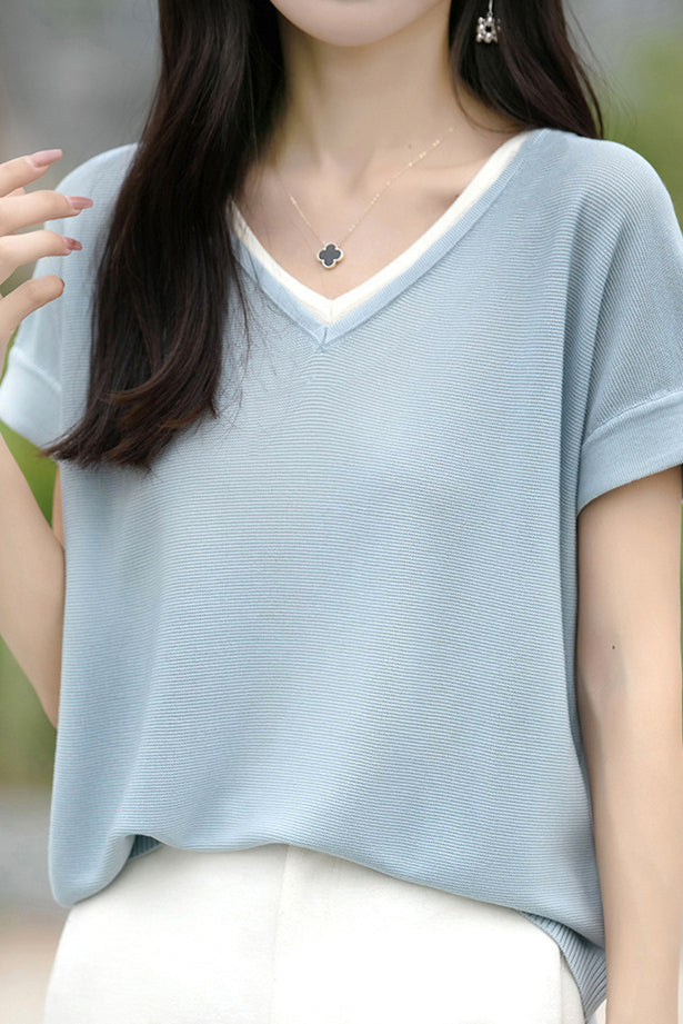 Color-block design knit short sleeve casual T-shirt - liwisi