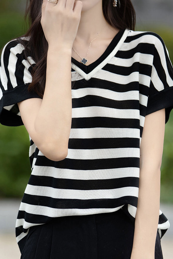 Color-block design knit short sleeve casual T-shirt - liwisi