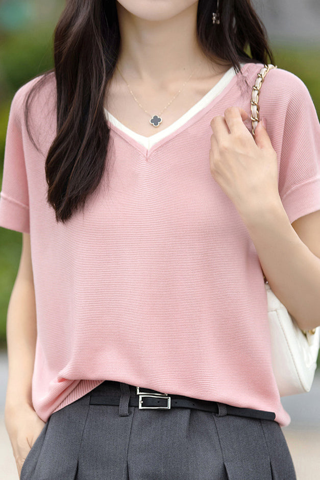 Color-block design knit short sleeve casual T-shirt - liwisi