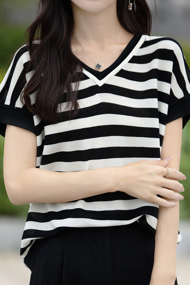 Color-block design knit short sleeve casual T-shirt - liwisi