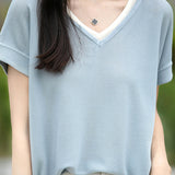 Color-block design knit short sleeve casual T-shirt - liwisi
