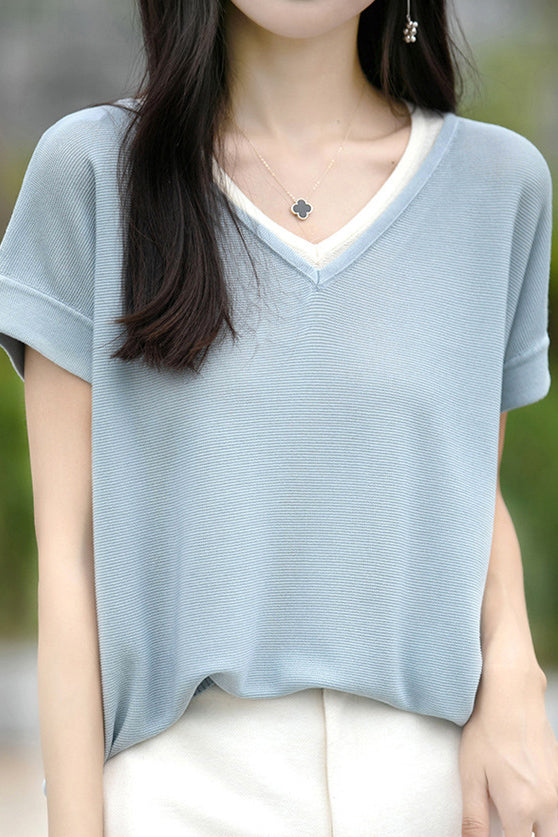 Color-block design knit short sleeve casual T-shirt - liwisi