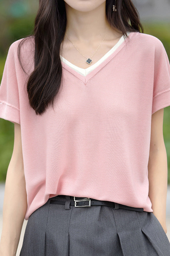 Color-block design knit short sleeve casual T-shirt - liwisi