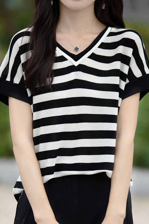 Color-block design knit short sleeve casual T-shirt - liwisi