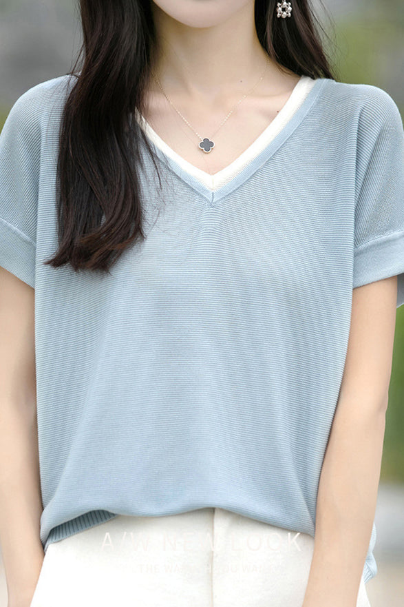 Color-block design knit short sleeve casual T-shirt - liwisi