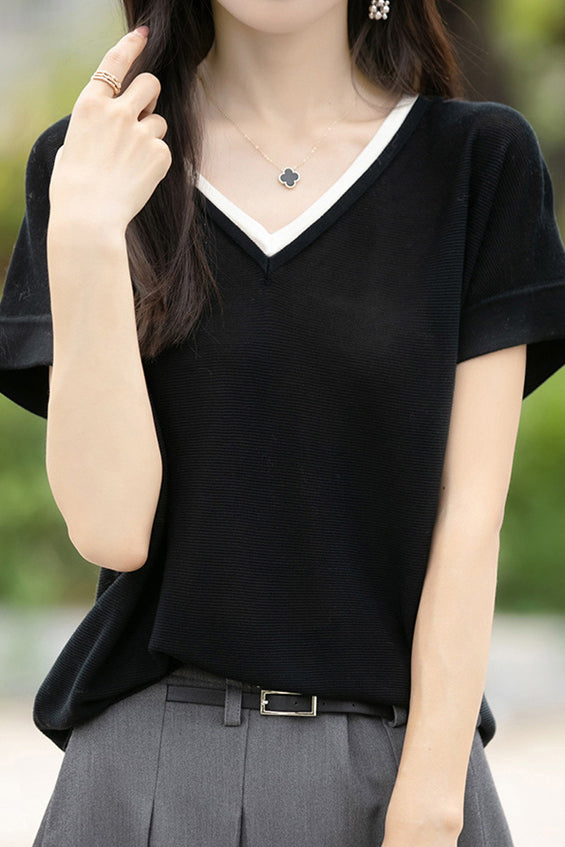 Color-block design knit short sleeve casual T-shirt - liwisi