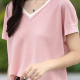 Color-block design knit short sleeve casual T-shirt - liwisi