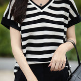 Color-block design knit short sleeve casual T-shirt - liwisi