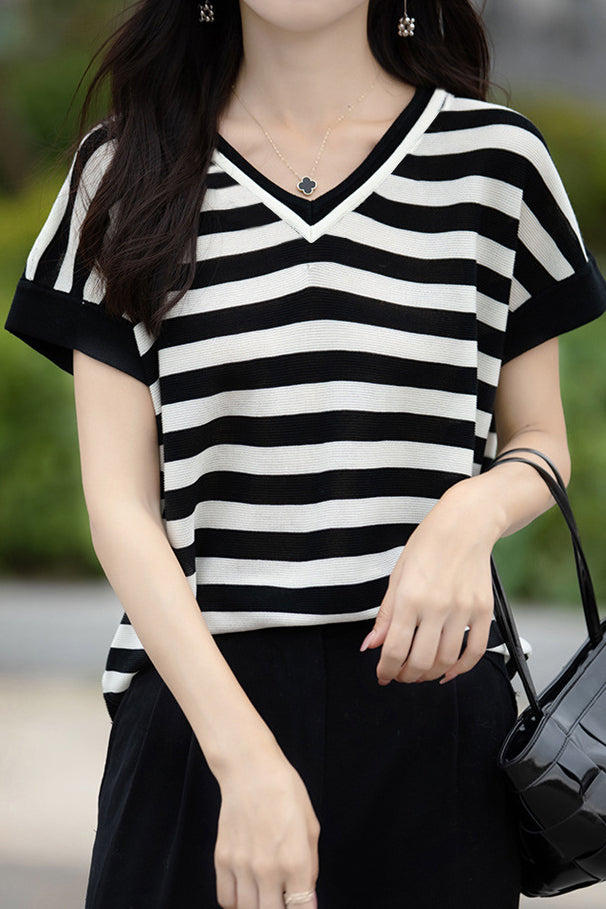 Color-block design knit short sleeve casual T-shirt - liwisi