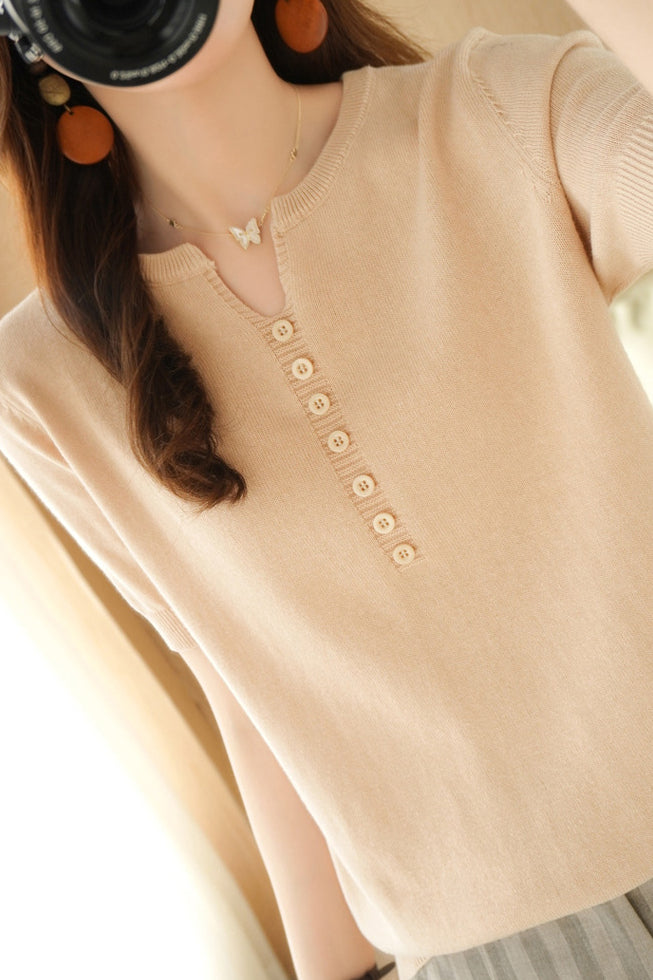 Minimalist Short-Sleeve Knit Top - liwisi