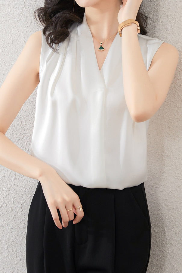 Simple V-Neck Sleeveless Satin Blouse - liwisi
