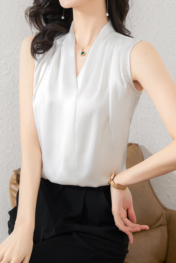 Simple V-Neck Sleeveless Satin Blouse - liwisi