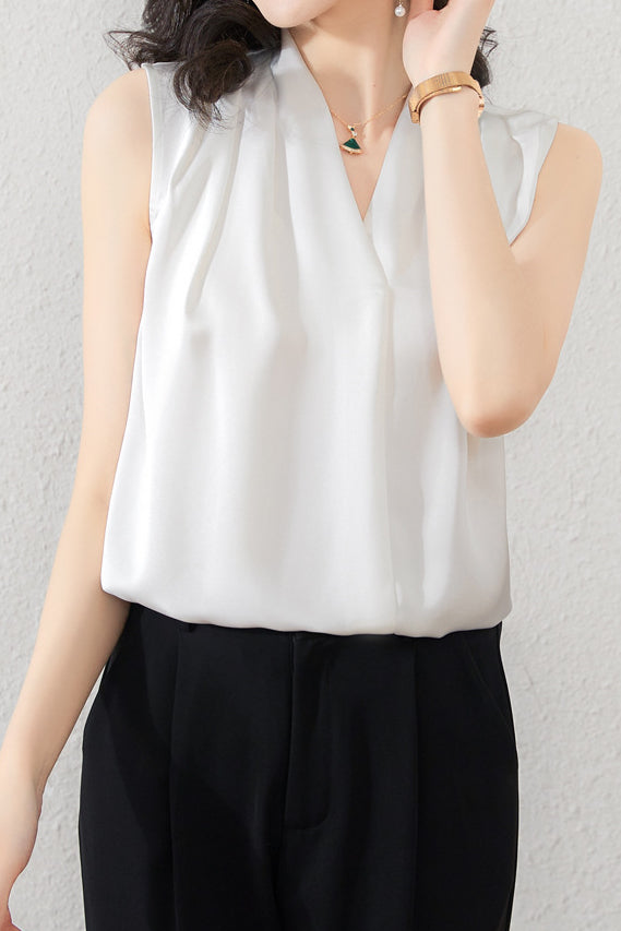Simple V-Neck Sleeveless Satin Blouse - liwisi