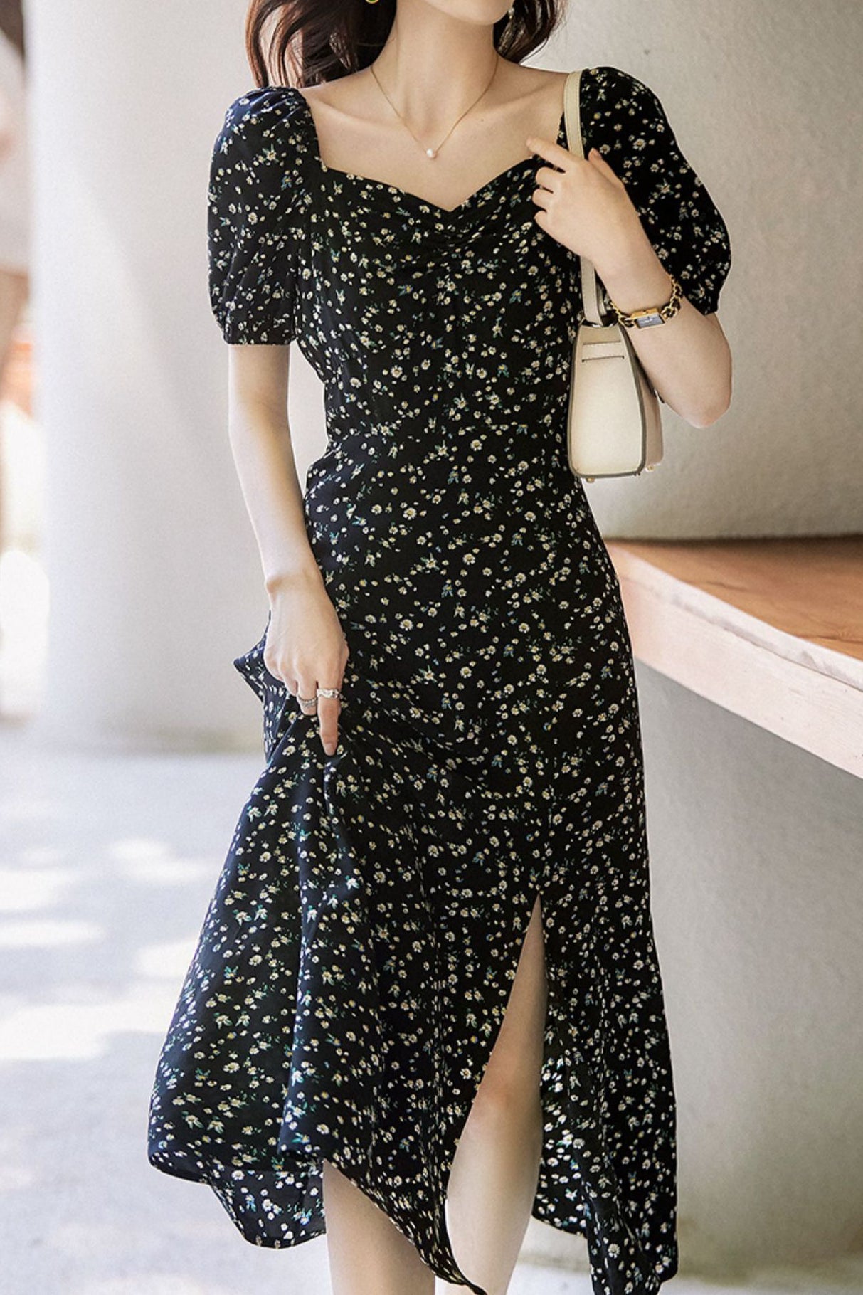 French-Style Floral Square-Neck Dress - liwisi