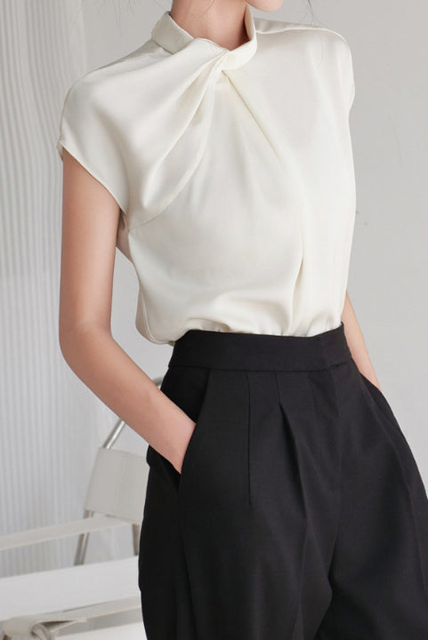French-Style Twisted Pleat Commuting Shirt With Stand Collar - liwisi