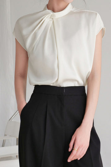French-Style Twisted Pleat Commuting Shirt With Stand Collar - liwisi