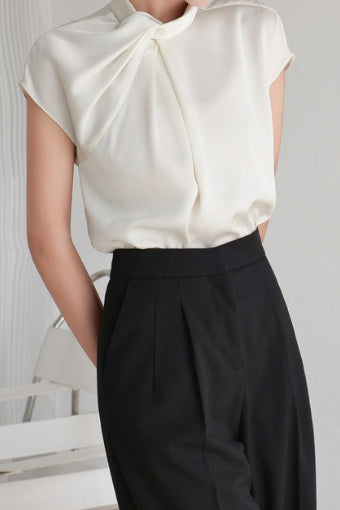 French-Style Twisted Pleat Commuting Shirt With Stand Collar - liwisi