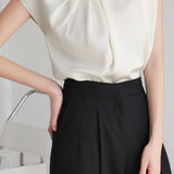 French-Style Twisted Pleat Commuting Shirt With Stand Collar - liwisi